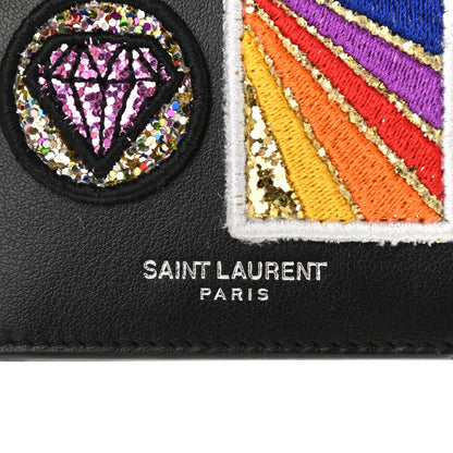 Saint Laurent Calfskin Paris Rainbow Patch Fragments Zip Pouch Card Holder Black 7 of 8