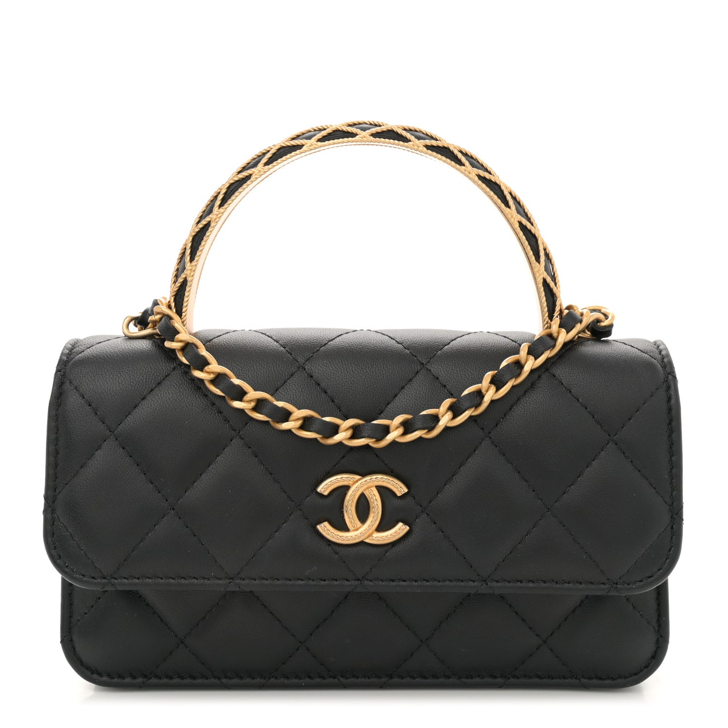 Lambskin Quilted Metal Twist Top Handle Flap Phone Holder With Chain Black