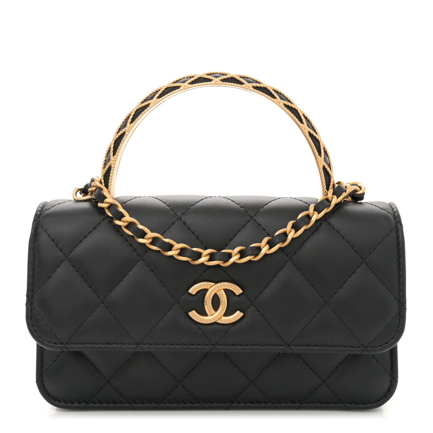 Chanel Lambskin Quilted Metal Twist Top Handle Flap Phone Holder With Chain Black 1 of 11