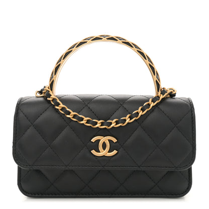 Chanel Lambskin Quilted Metal Twist Top Handle Flap Phone Holder With Chain Black 1 of 11