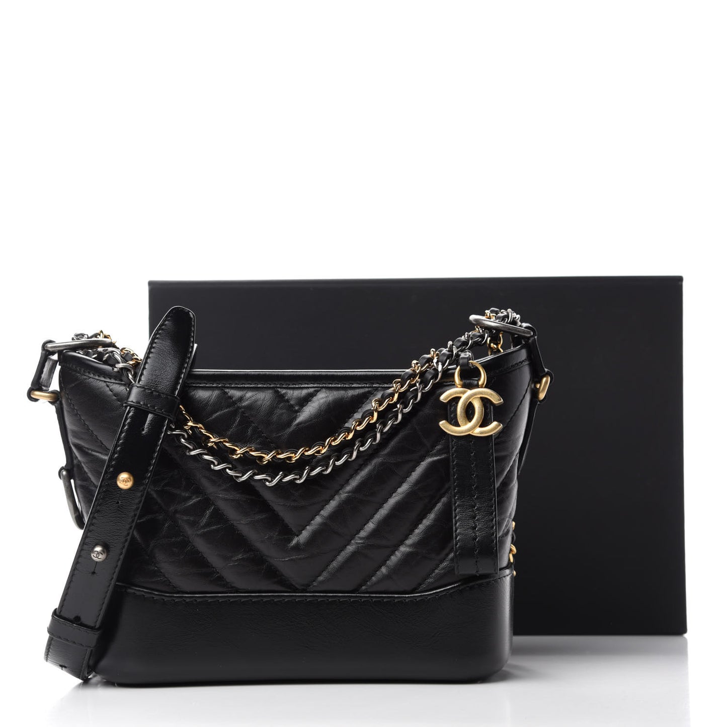 Aged Calfskin Chevron Quilted Small Gabrielle Hobo Black