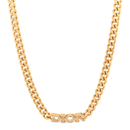 Christian Dior Metal Crystal Chain Logo Necklace Gold 1 of 5