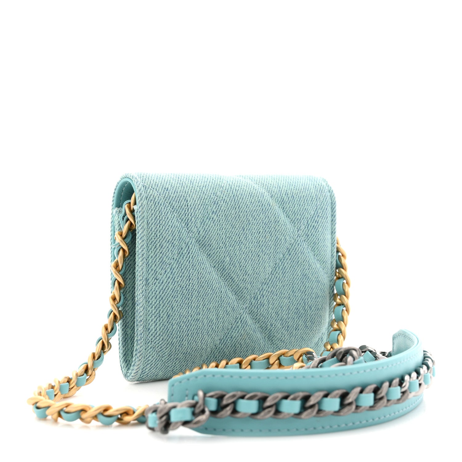 Chanel Denim Quilted Chanel 19 Flap Card Holder With Chain Light