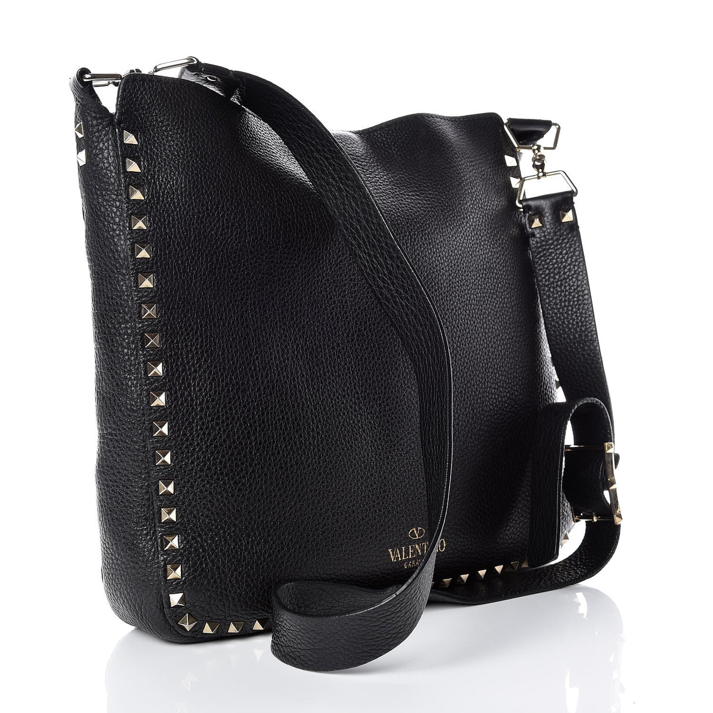 Pebbled Calfskin Large Rockstud Flip-Lock Messenger Bag Black