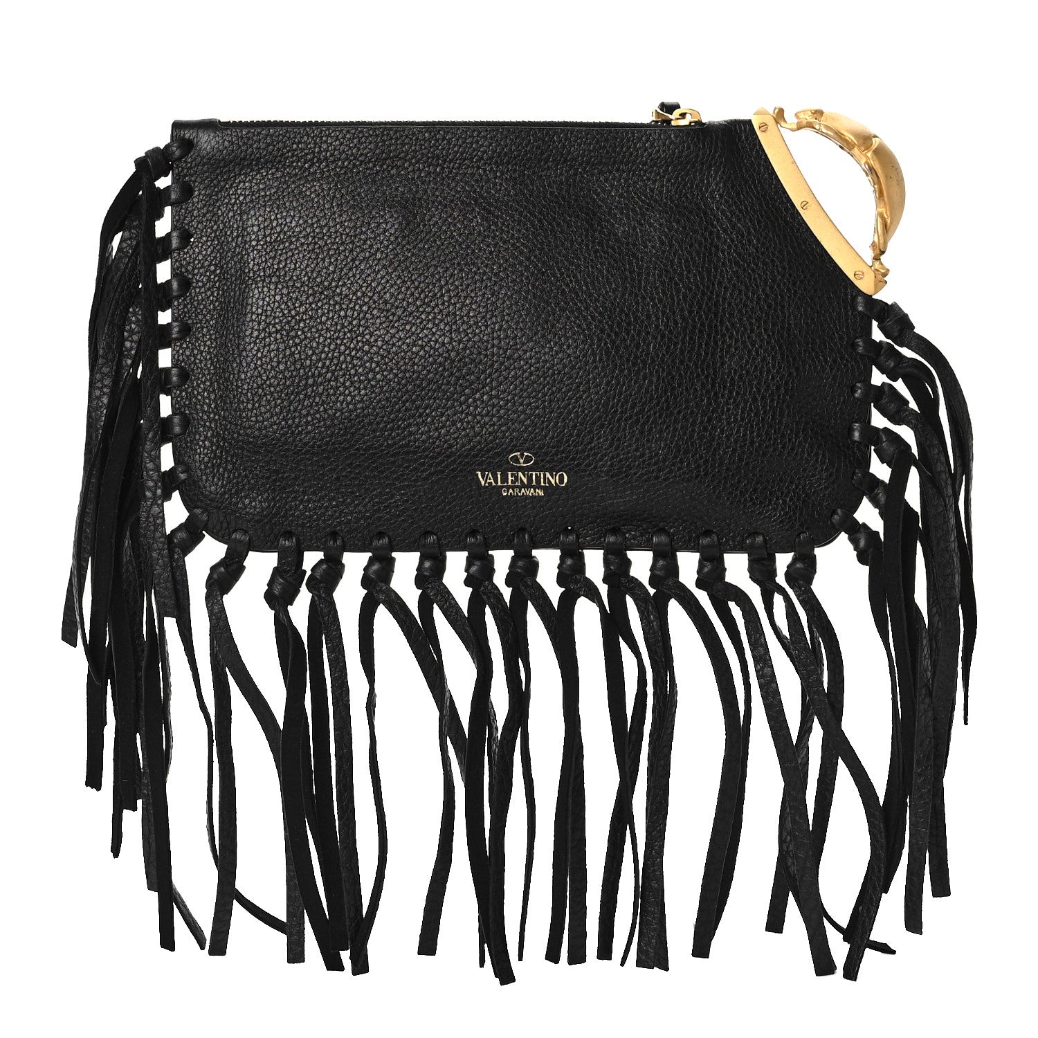 Valentino Garavani Calfskin C-Rockee Sagittarius Fringe Clutch Black 1 of 12