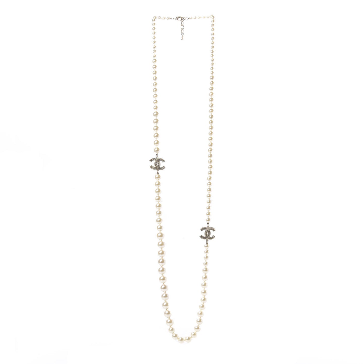 Pearl Baguette Crystal Long CC Necklace Gold