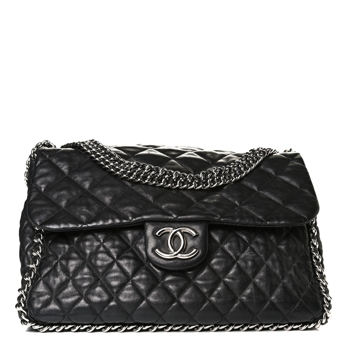 Washed Lambskin Quilted Maxi Chain Around Flap Black