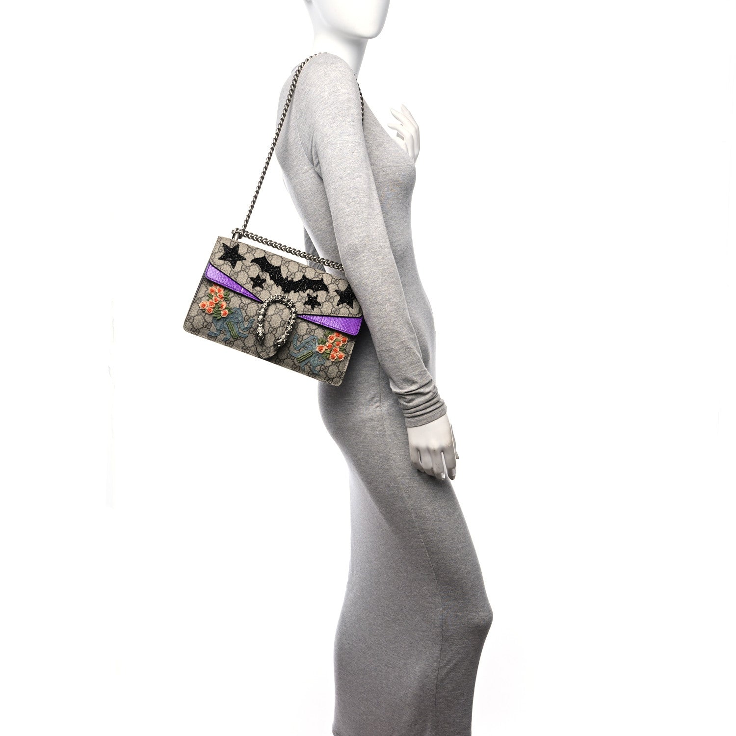 Gucci GG Supreme Monogram Snakeskin Bat Embroidered Small Dionysus Shoulder Bag Purple 2 of 12