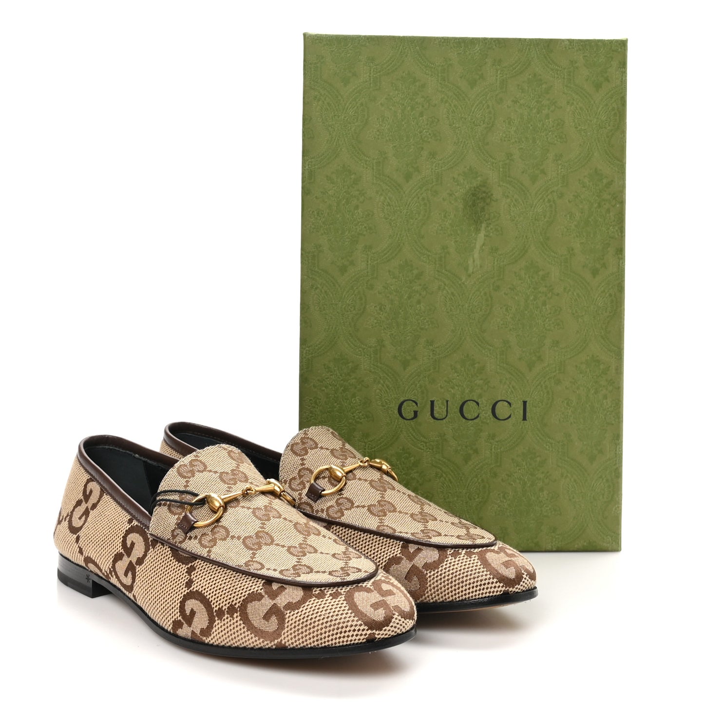 Monogram Jumbo GG Malaga Kid Horsebit Womens Jordaan Loafers 39.5 Camel Ebony New Acero Beige