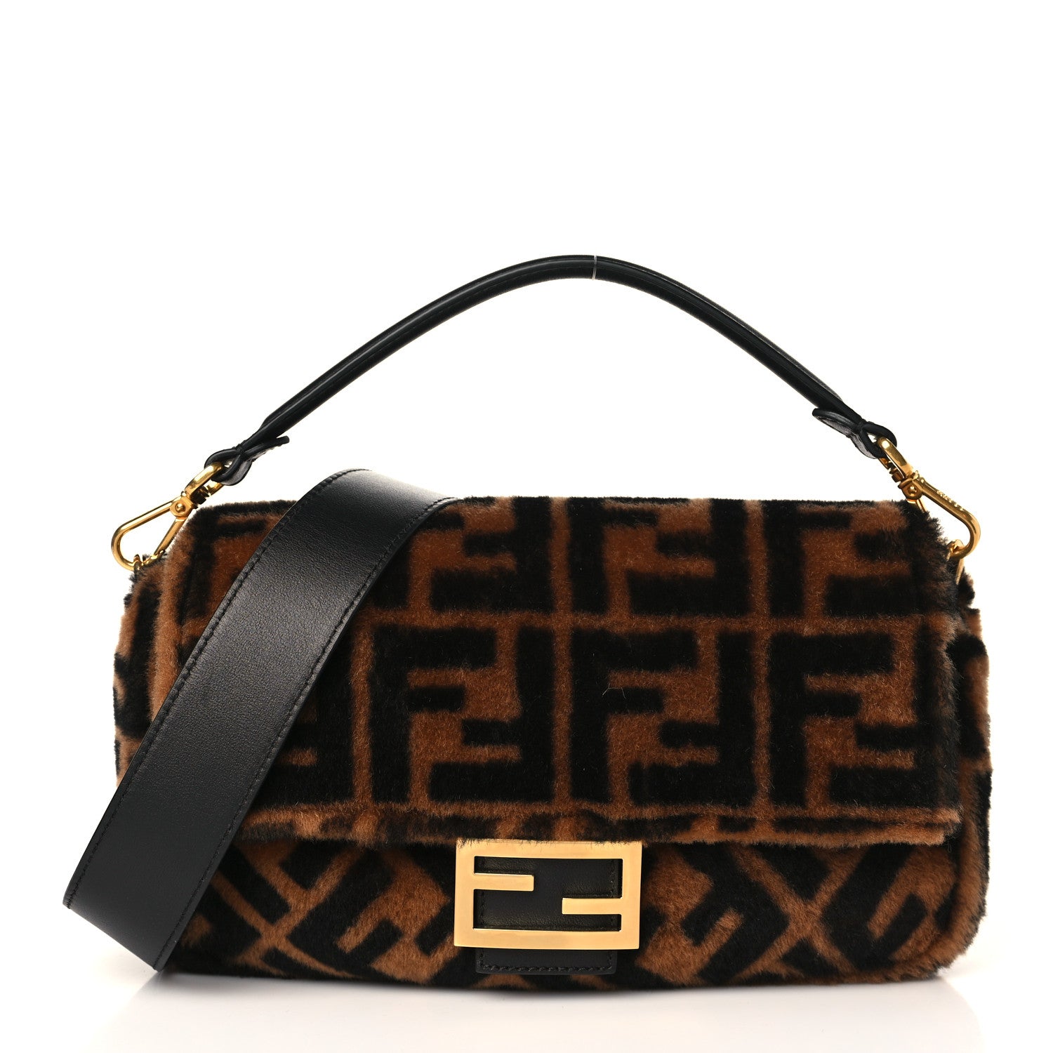 Fendi Shearling Vitello Dolce Macro FF 1974 Baguette Tobacco Black 1 of 9