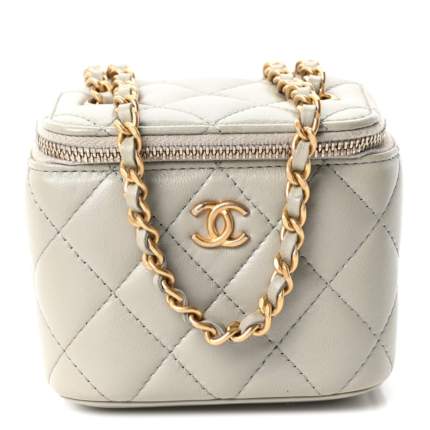 Lambskin Quilted Pearl Crush Mini Vanity Case With Chain Grey
