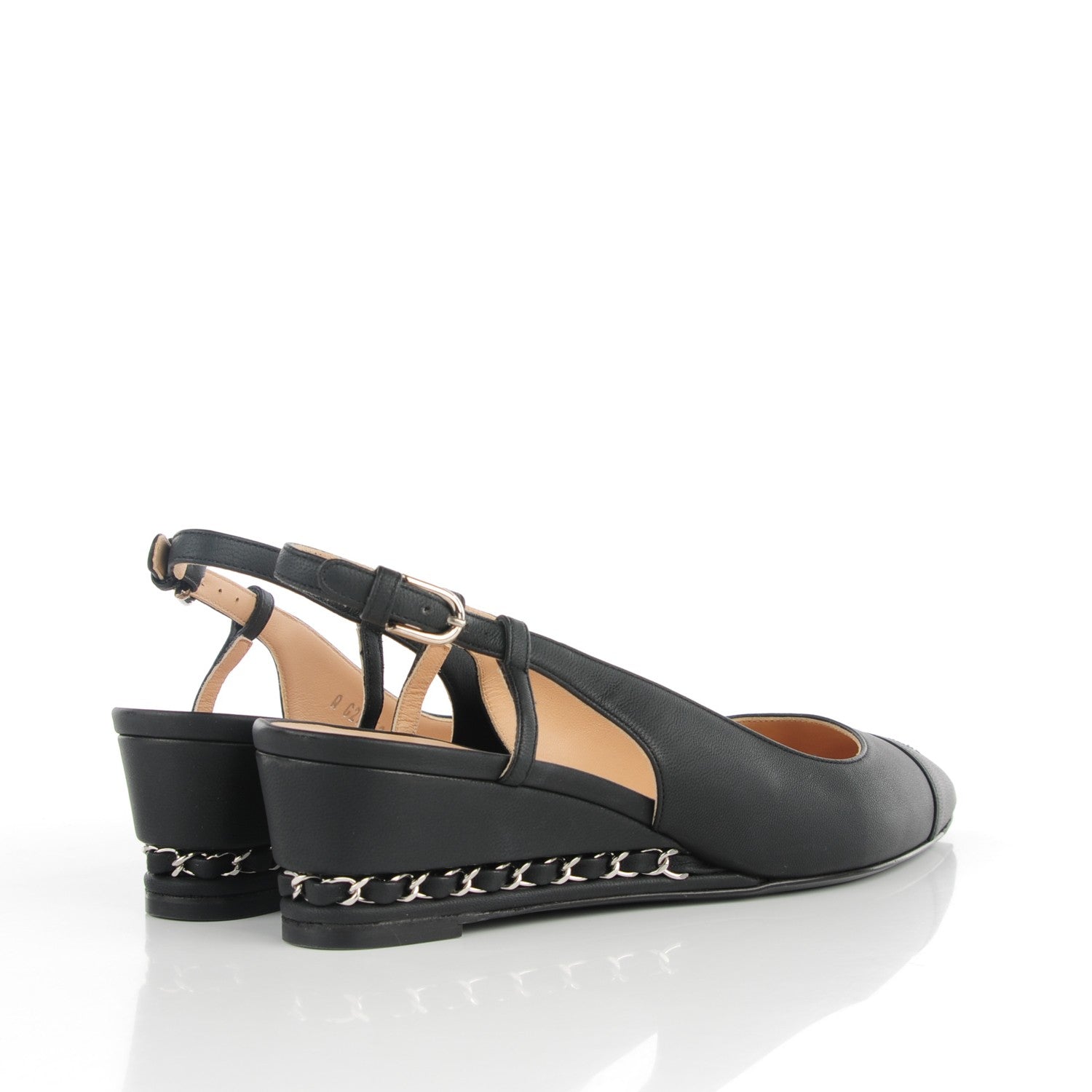 Chanel Lambskin Chain CC Cap Toe Slingback Wedge Sandals 35 Black 4 of 9