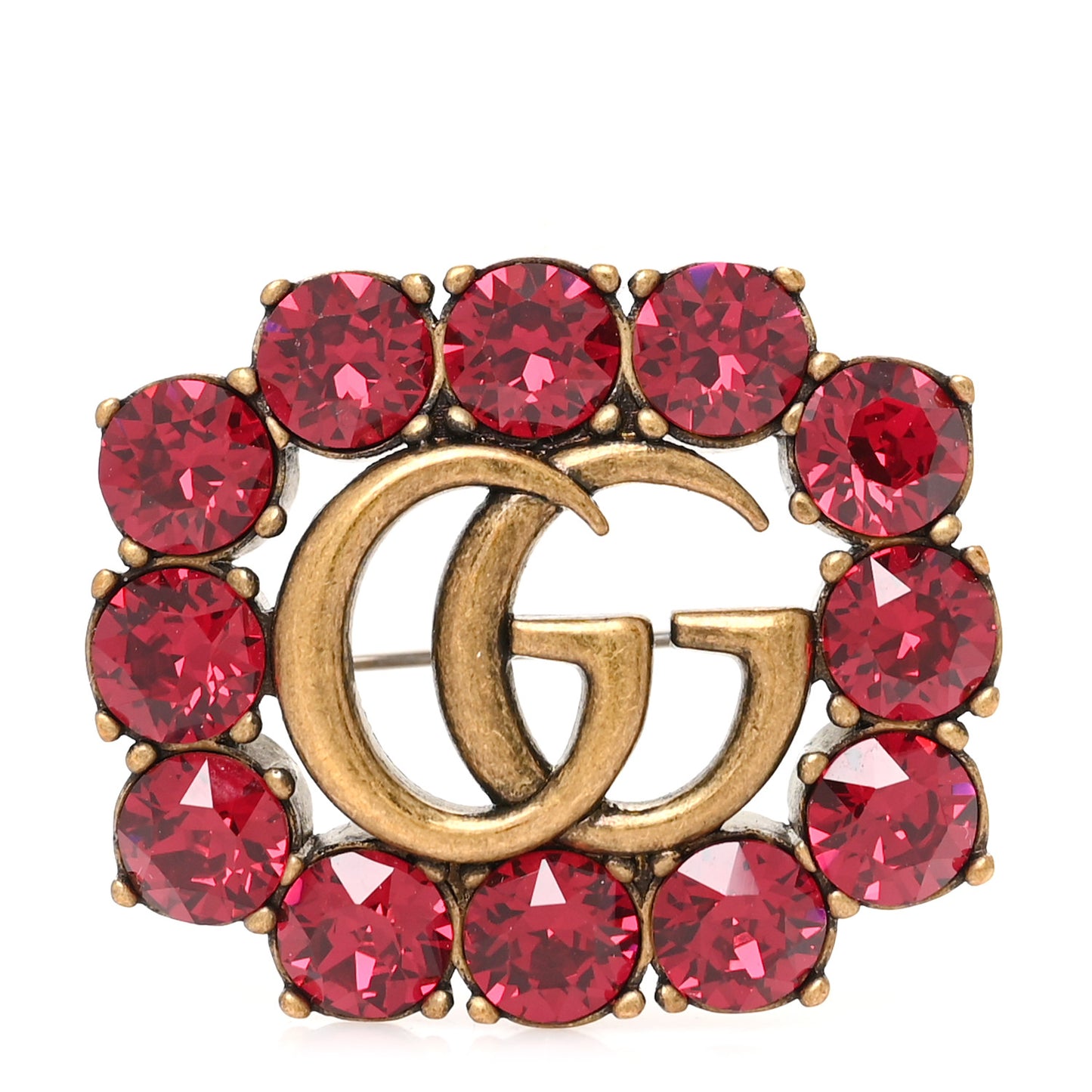 Metal Crystal Double G Brooch Aged Gold Red