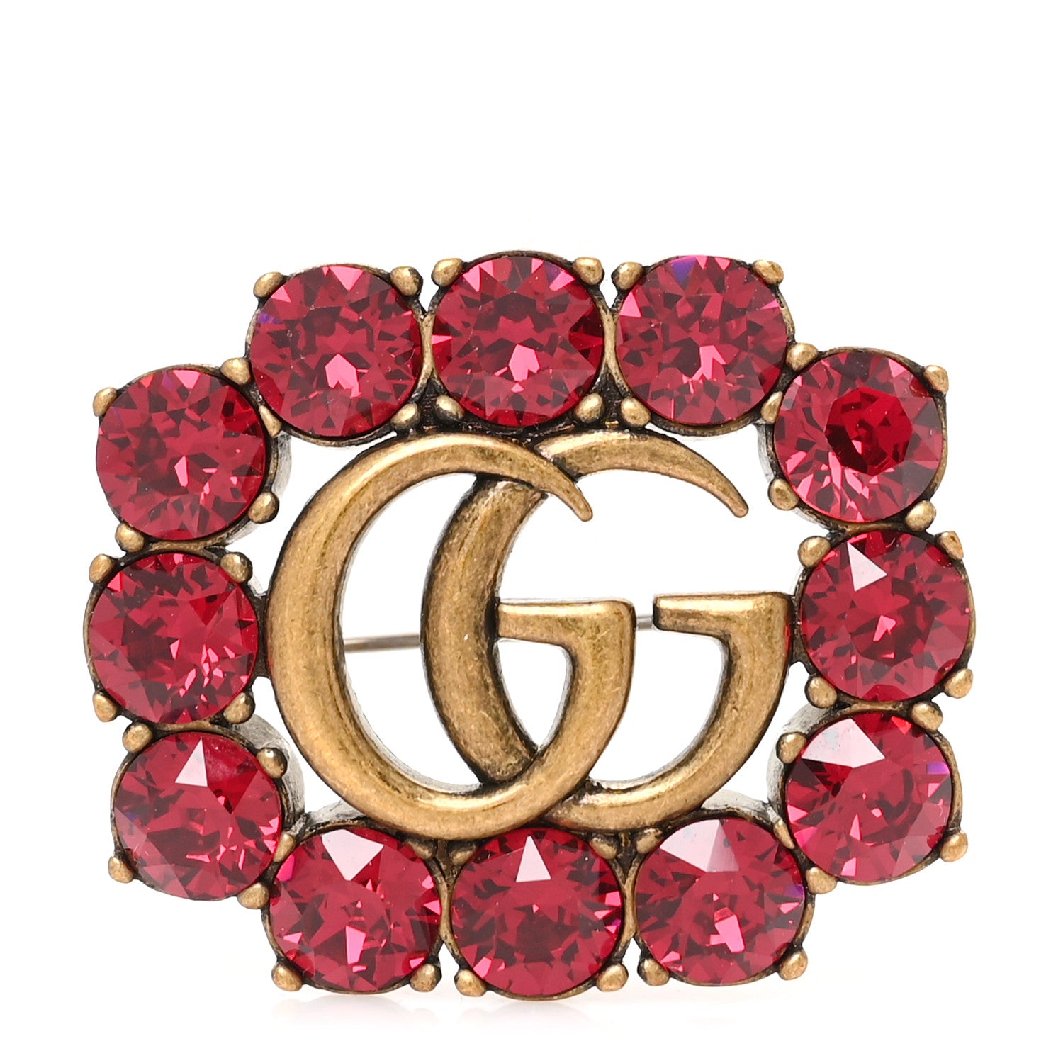 Gucci Metal Crystal Double G Brooch Aged Gold Red 1 of 3