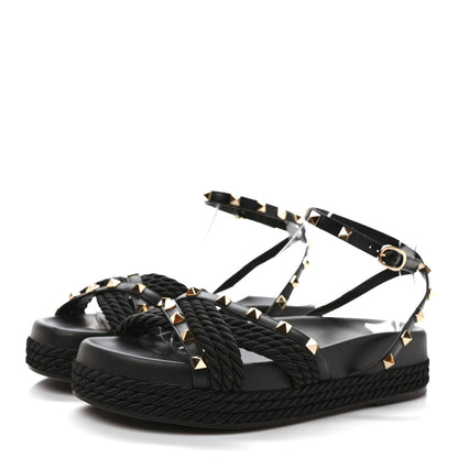 Valentino Garavani Calfskin Rockstud Torchon Espadrille Sandals 38 Black 3 of 7