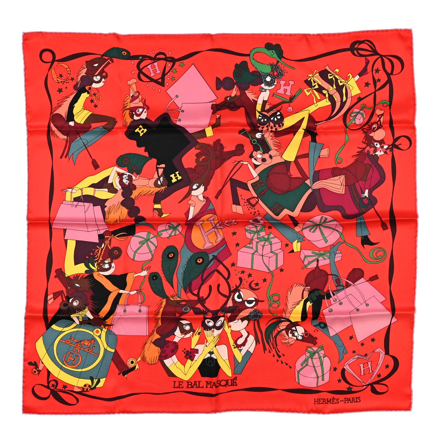 Hermes Silk Le Bal Masque Scarf 70 Rouge Vif Vieux Rose Jaune 1 of 5