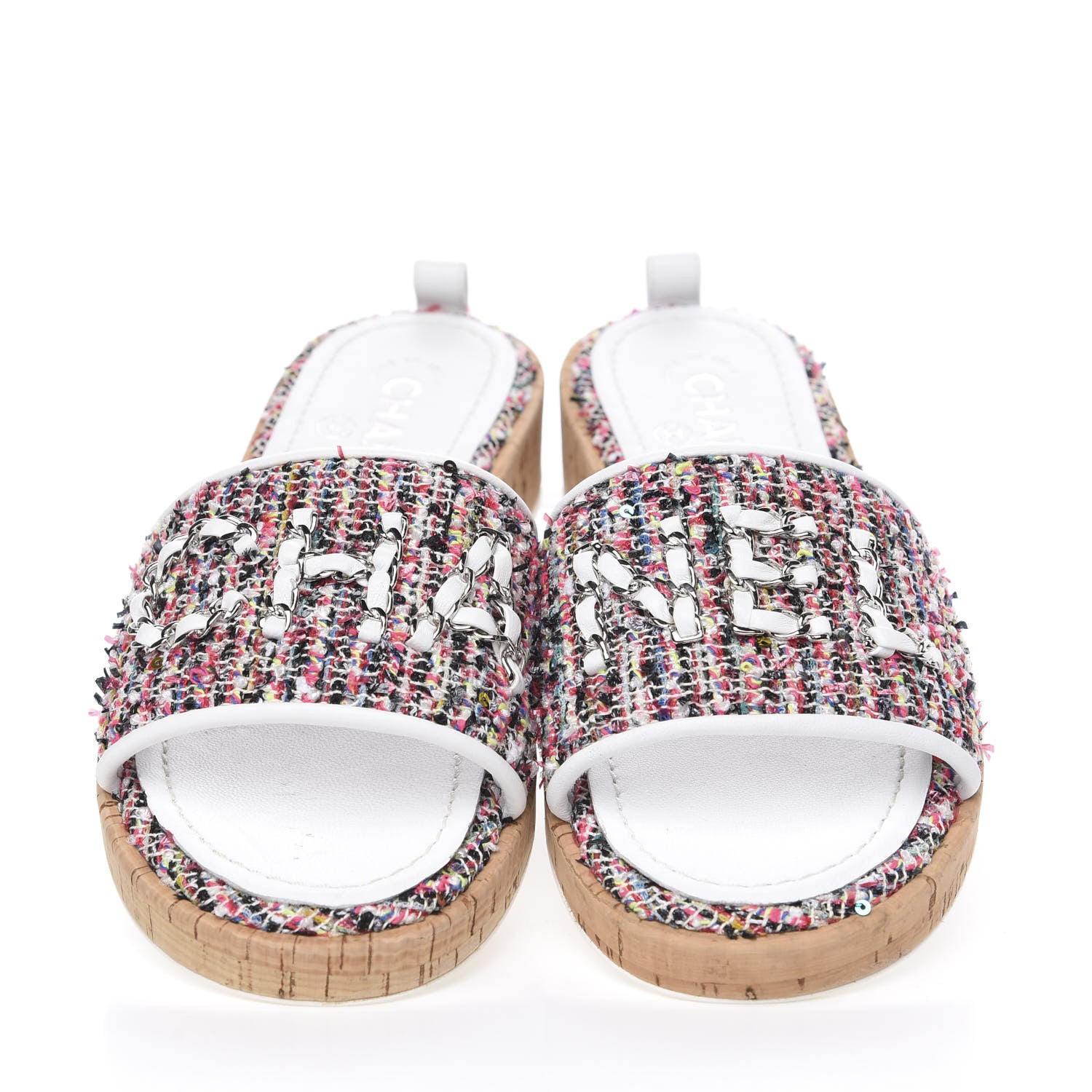 Chanel Tweed Cork Mule Sandal 37.5 White Multicolor 3 of 10