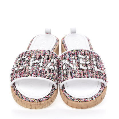 Chanel Tweed Cork Mule Sandal 37.5 White Multicolor 3 of 10