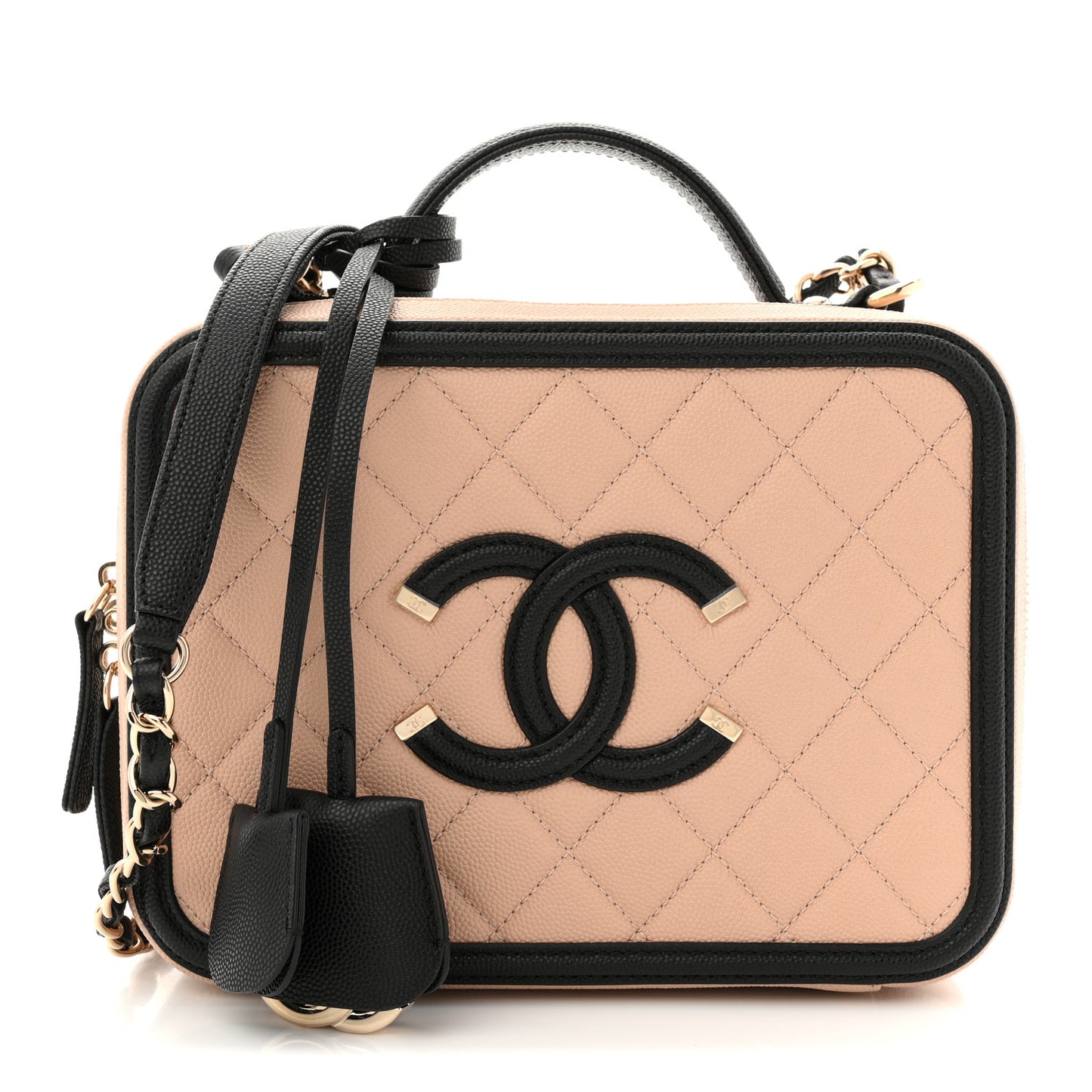 Caviar Quilted Medium CC Filigree Vanity Case Beige Black