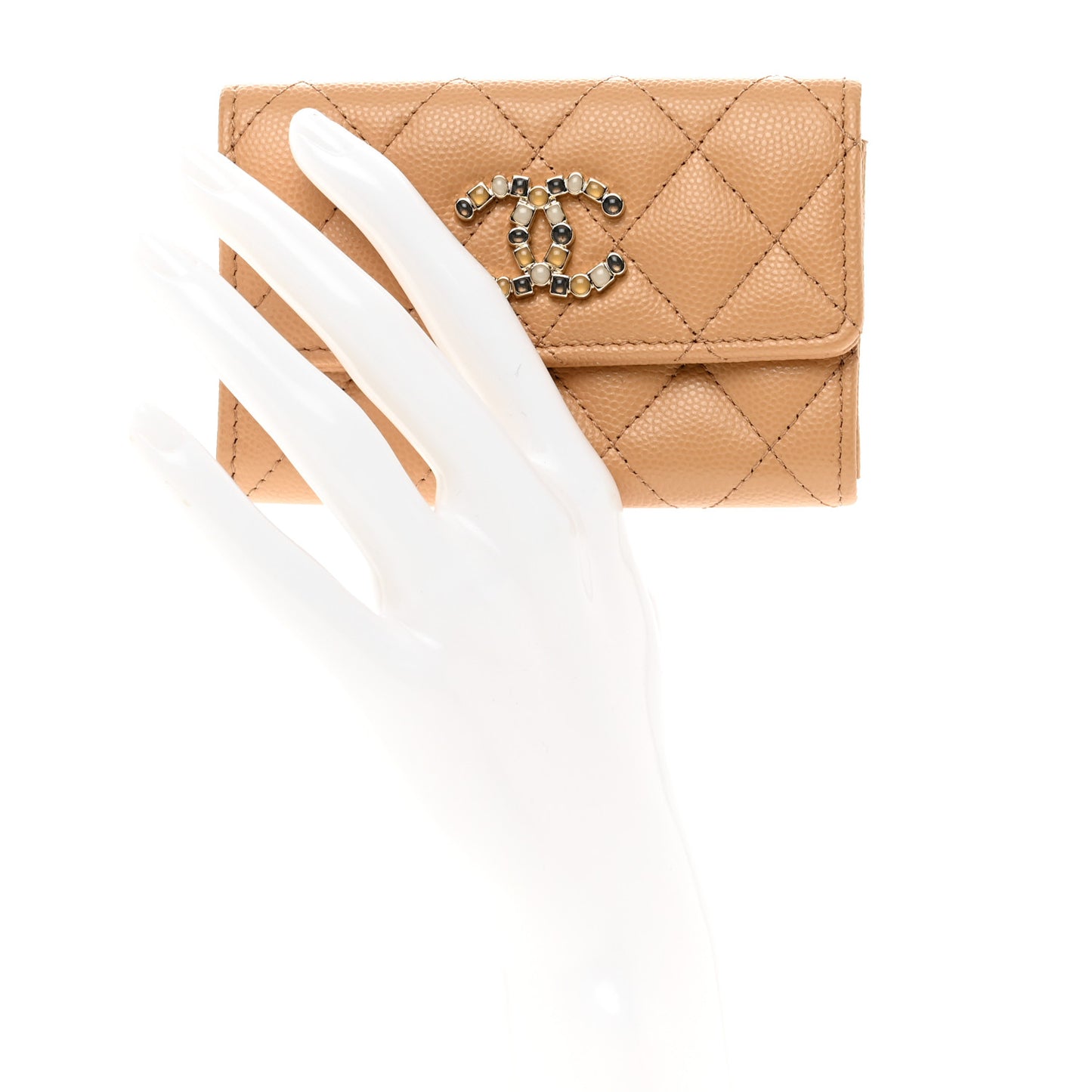 Shiny Caviar Enamel Quilted CC Flap Card Holder Beige