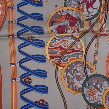 Hermes Silk La Laboratoire du Temps Scarf 90 Etoupe Bleu Caramel 5 of 6