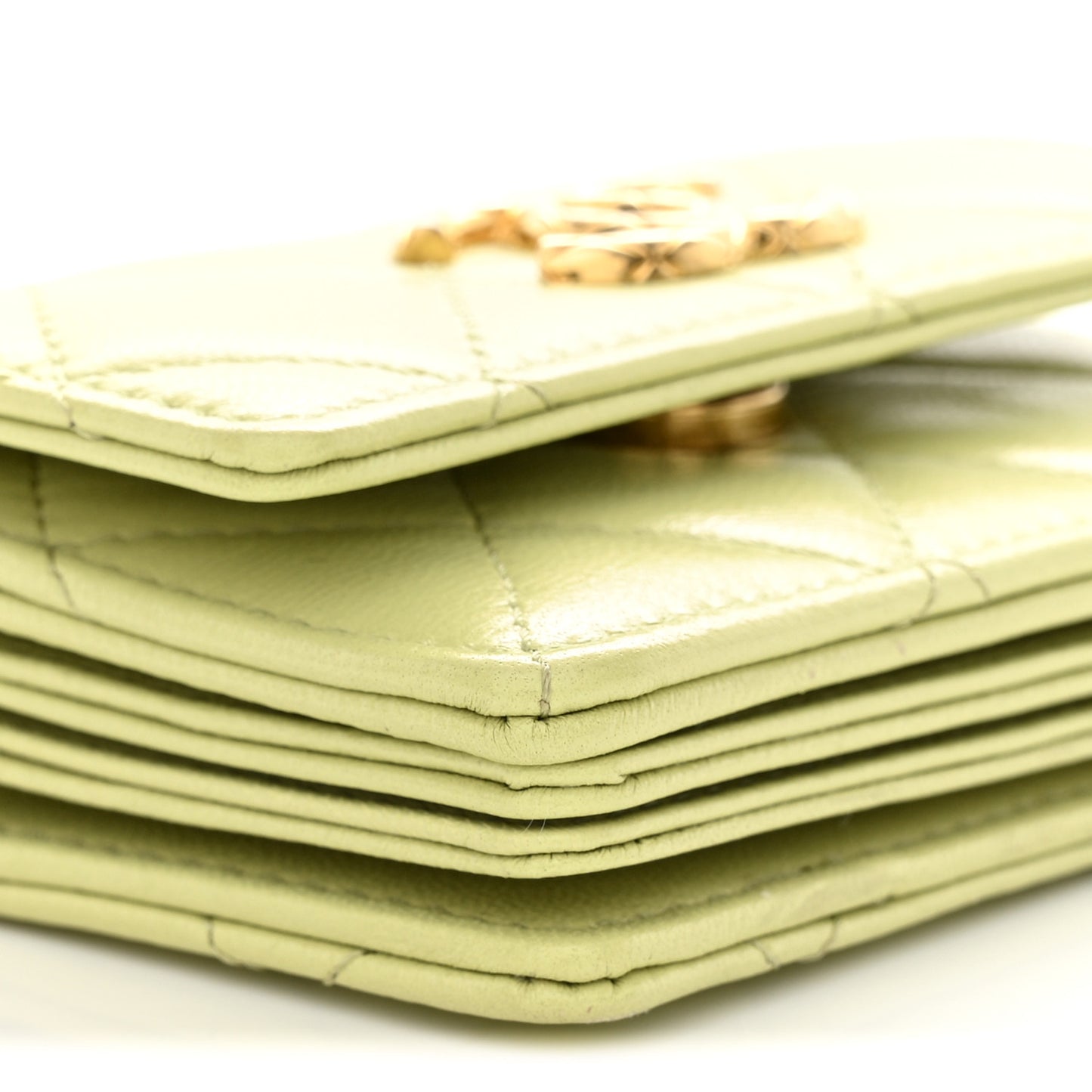 Lambskin Quilted Flap Card Holder On Chain Light Green