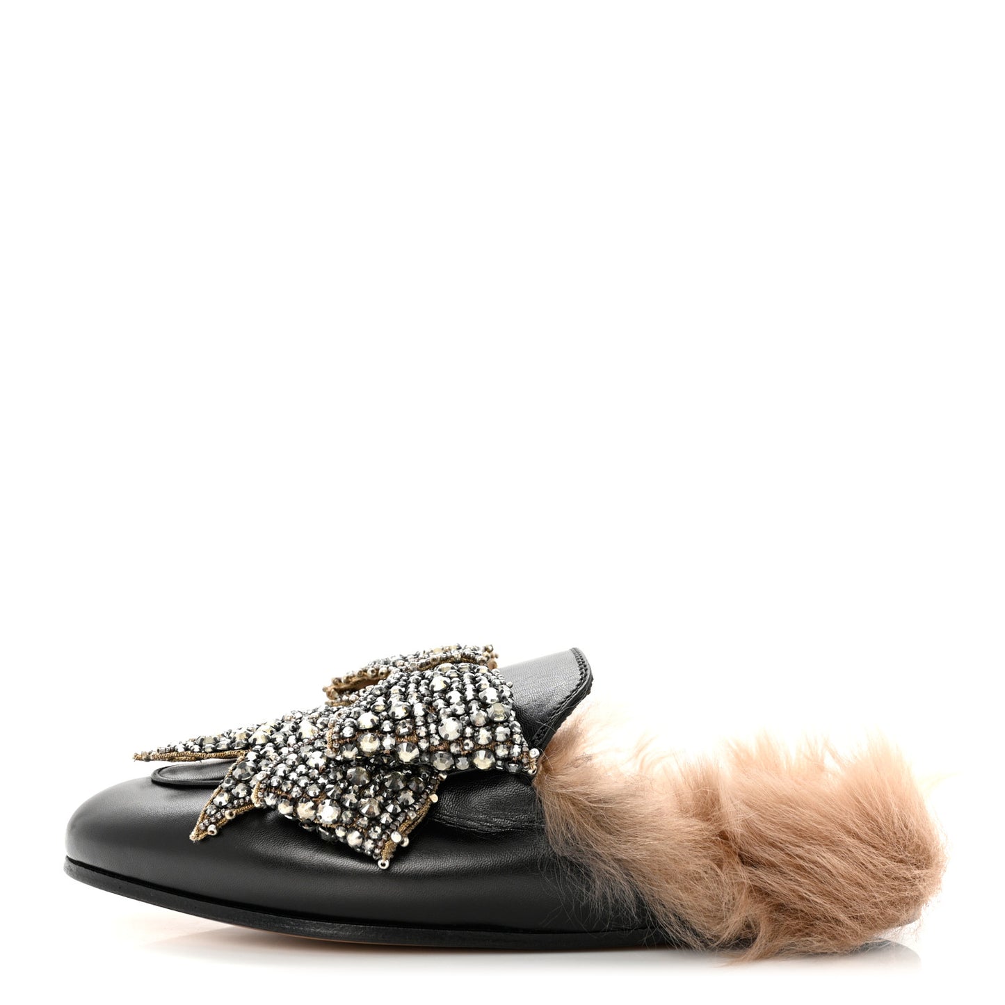 Malaga Kid Fur Crystal Bow Embroidered Womens Princetown Slippers 35 Black