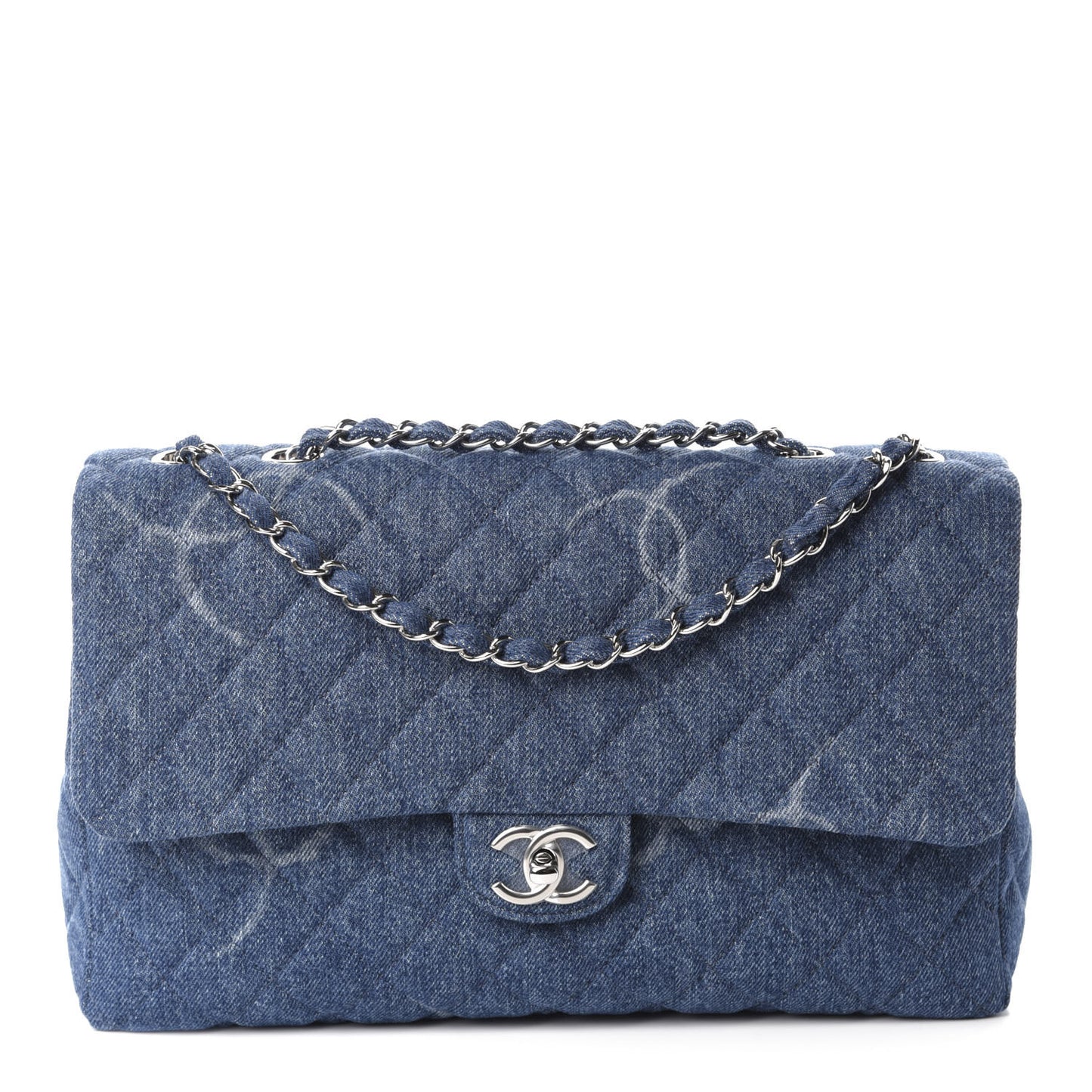 Denim Quilted CC Print Jumbo Single Flap Blue