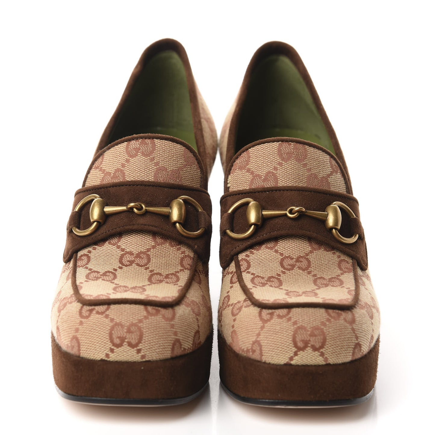 GG Monogram Suede Houdan Mid Heel Platform Loafers 37 Beige Ruggine Maroon