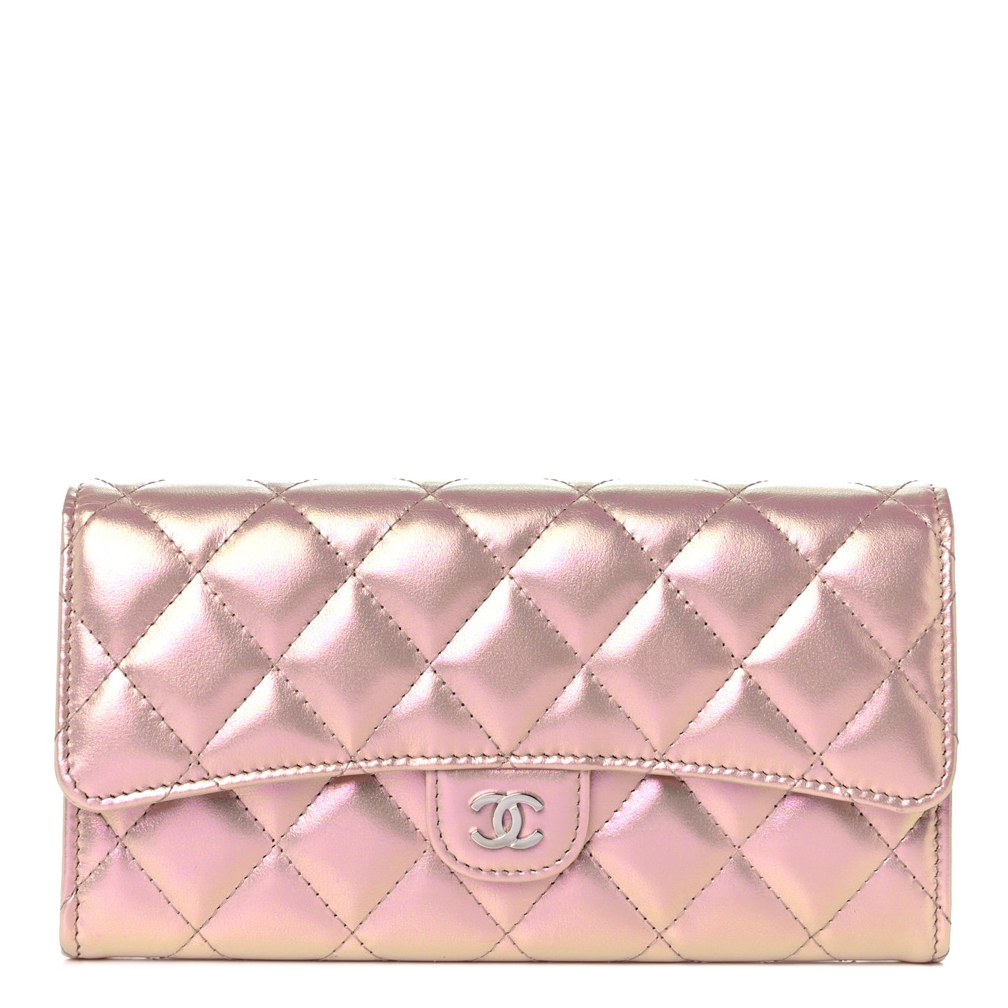 Iridescent Calfskin Quilted Large Gusset Flap Wallet Pink