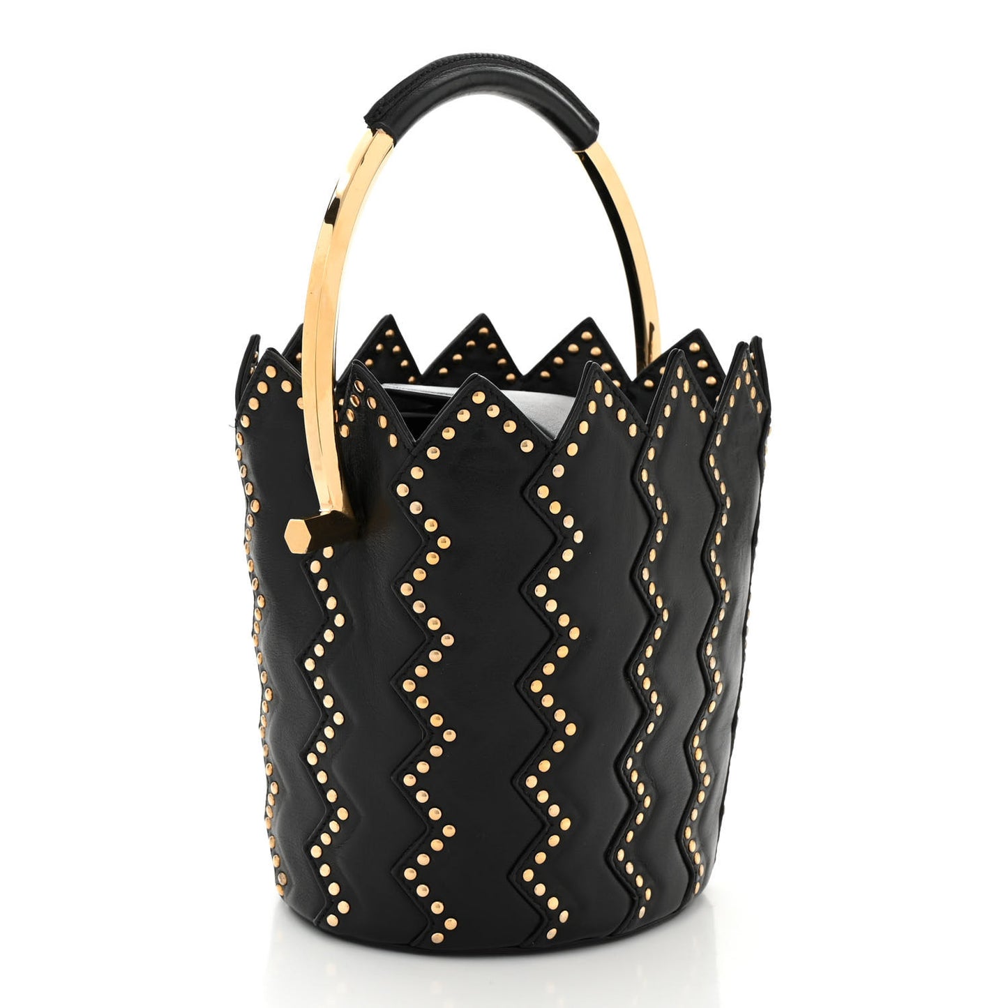 X SARA BATTAGLIA Calfskin Studded Zig Zag Bucket Shoulder Bag Black