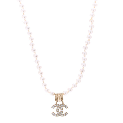 Chanel Pearl Crystal CC Short Logo Necklace Gold 1 of 7