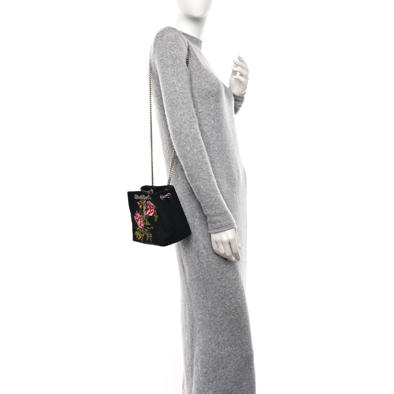 Saint Laurent Woven Wool Embroidered Baby Emmanuelle Bucket Bag Black 2 of 8