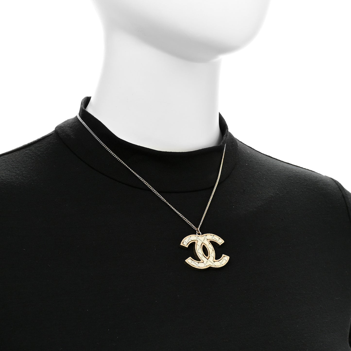 Metal Quilted CC Pendant Necklace Gold White