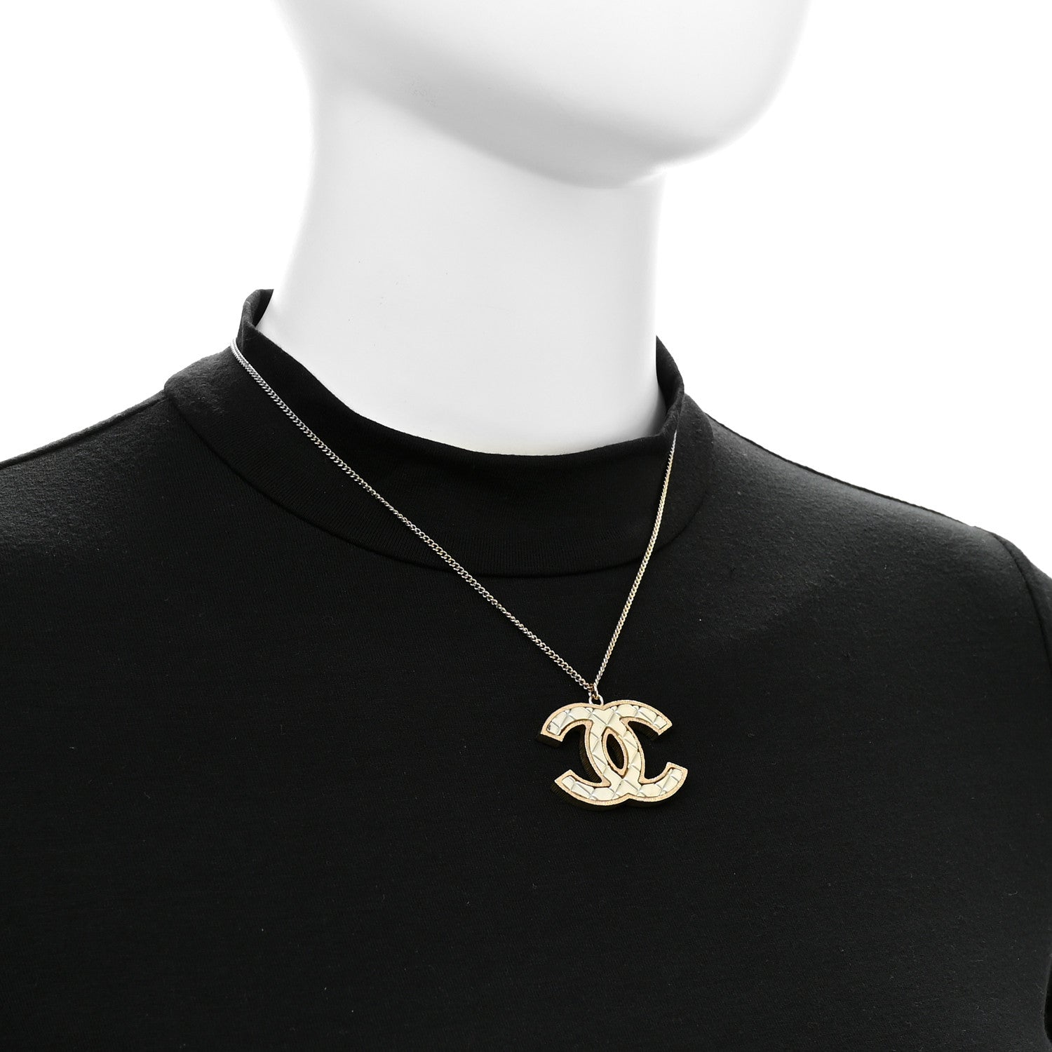 Chanel Metal Quilted CC Pendant Necklace Gold White 2 of 5