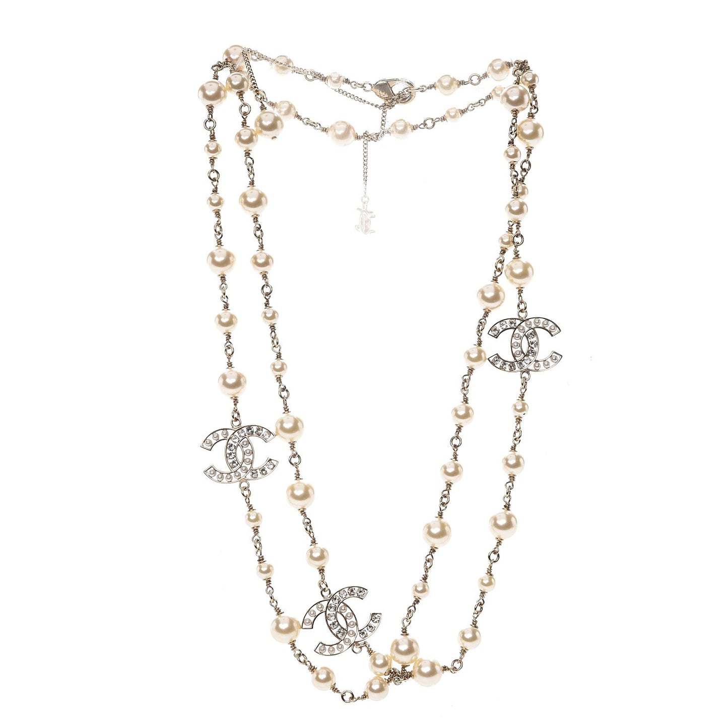 Pearl Crystal CC Long Necklace Light Gold