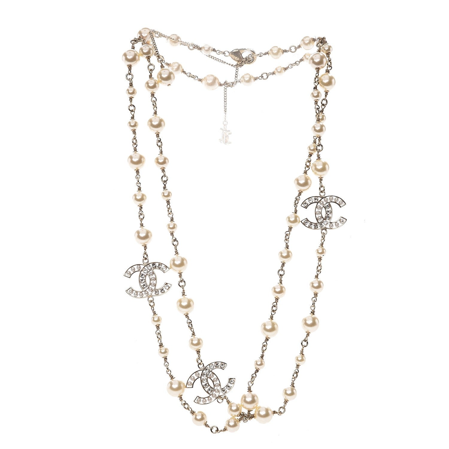 Chanel Pearl Crystal CC Long Necklace Light Gold 3 of 5