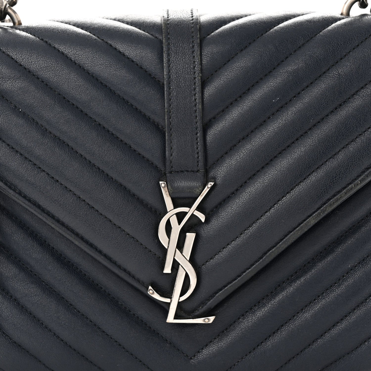 Saint Laurent Sheepskin Matelasse Chevron Monogram Medium College Bag Deep Marine 8 of 13