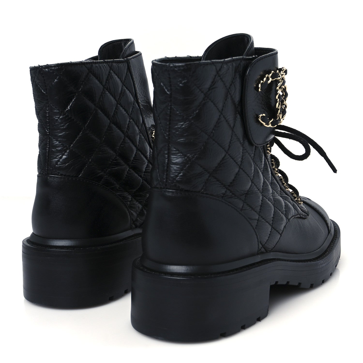 Chanel Shiny Calfskin Quilted Lace Up Combat Boots 37 Black