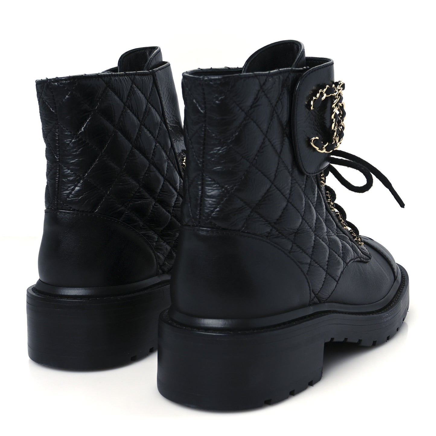 Shiny Calfskin Quilted Lace Up Combat Boots 37 Black