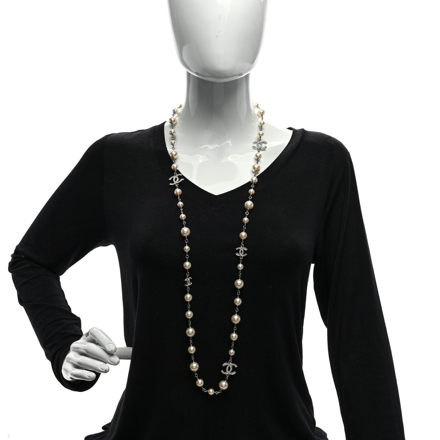 Graduated Pearl Crystal CC Long Necklace Silver