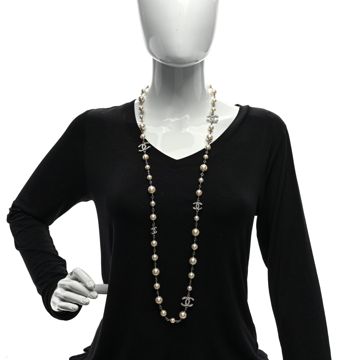 Chanel Graduated Pearl Crystal CC Long Necklace Silver 3 of 4