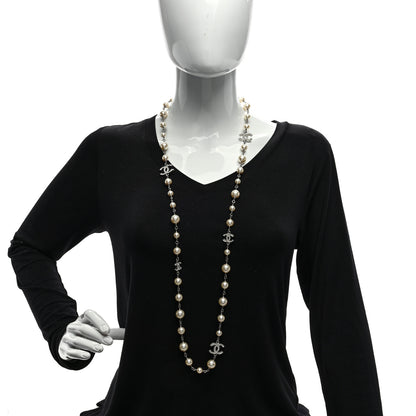 Chanel Graduated Pearl Crystal CC Long Necklace Silver 3 of 4