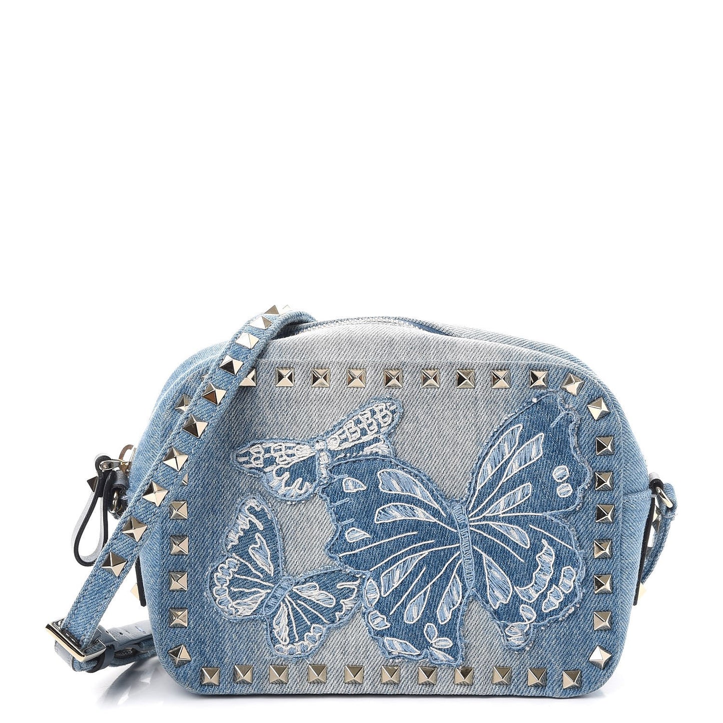 Washed Denim Butterfly Embroidered Rockstud Camera Crossbody Bag Light Denim