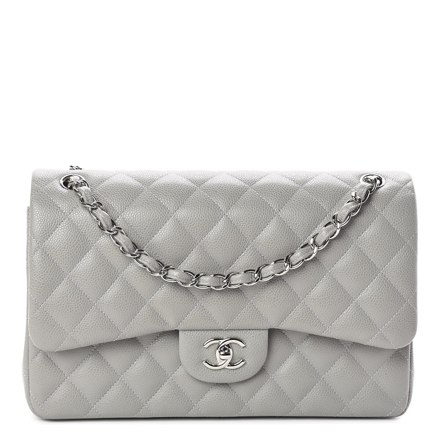 Caviar Quilted Jumbo Double Flap Light Grey