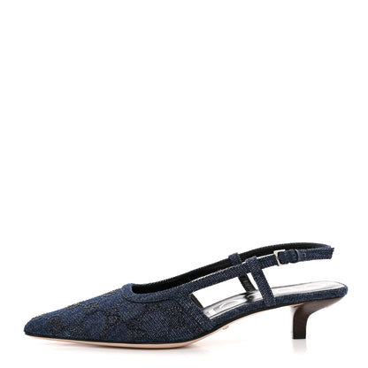 Gucci Denim GG Monogram Malaga Kid Crystal Square G 35mm Slingback Pumps 37 Blue 1 of 12