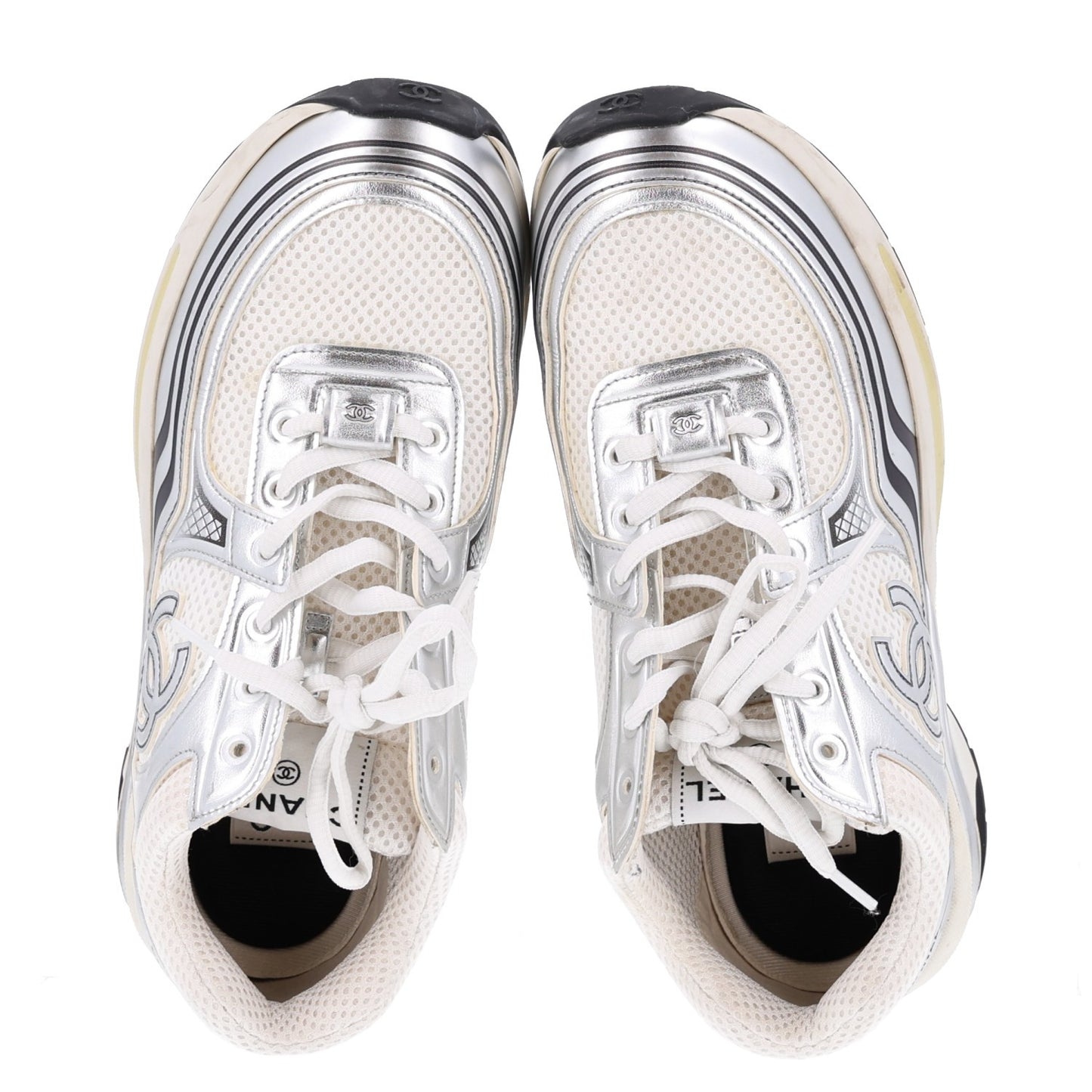 Fabric Laminated Calfskin Stretch CC Womens Sneakers 39 White Silver