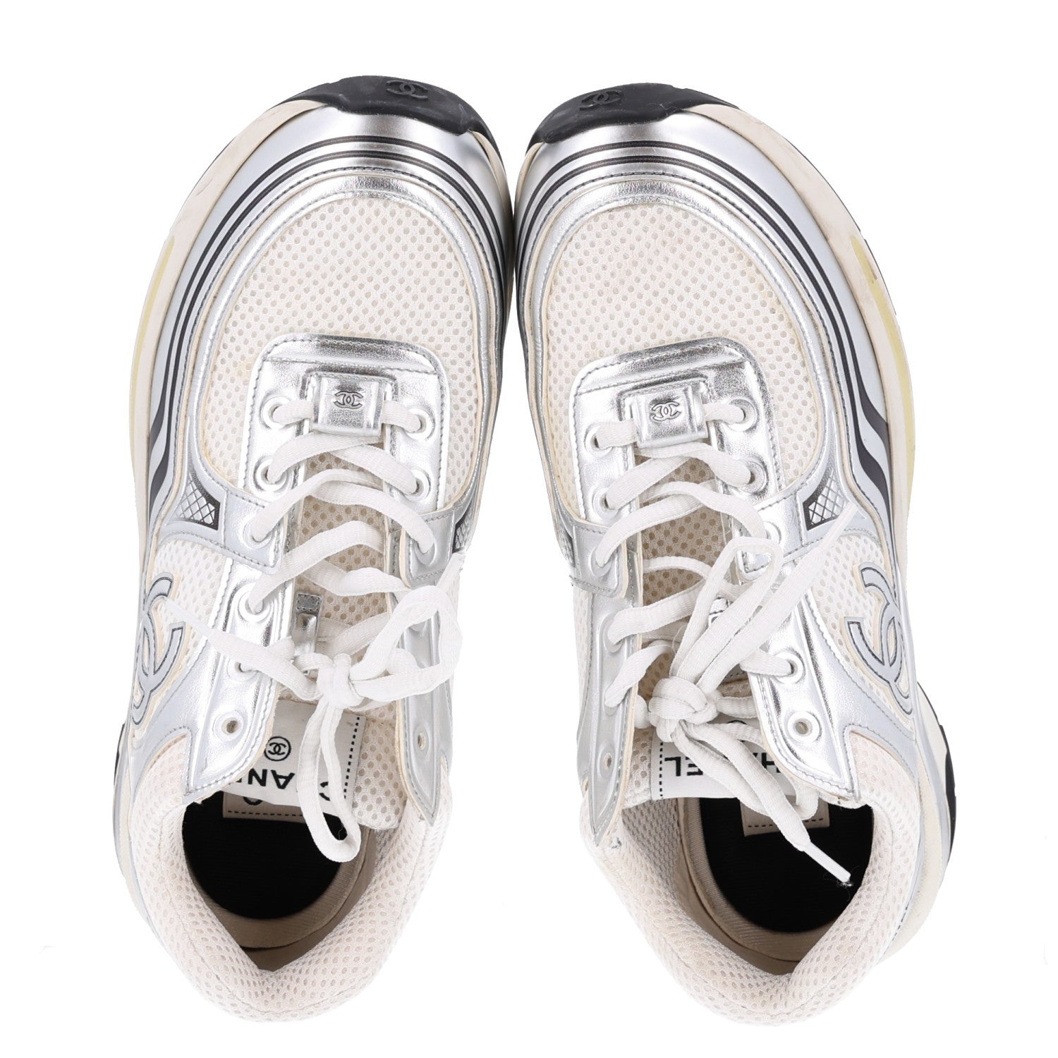 Chanel Fabric Laminated Calfskin Stretch CC Womens Sneakers 39 White Silver 2 of 10
