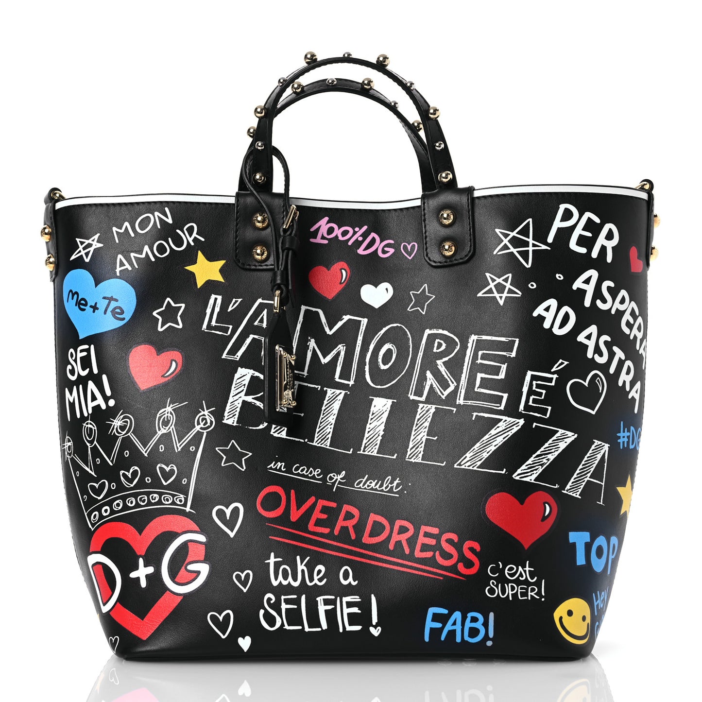 DOLCE GABBANA Calfskin Graffiti Printed Beatrice Tote  Black