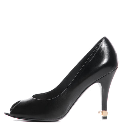 Chanel Leather Pearl CC Peep Toe Pumps 38 Black 1 of 8